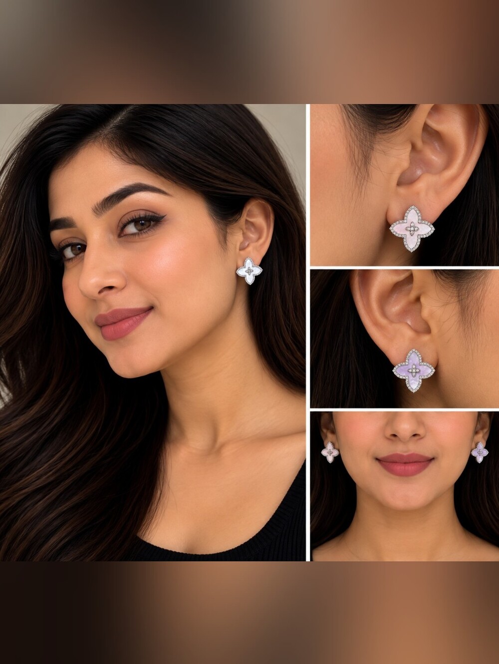 Pearly Floral Clover Stud Earrings for Women